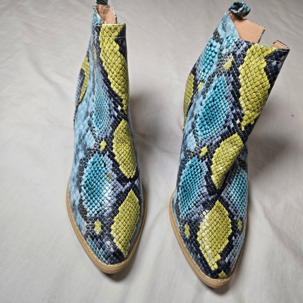 Arider Girl Blue Yellow Snakeskin Embossed Pointed Toe Ankle Boots US 8 see pics
